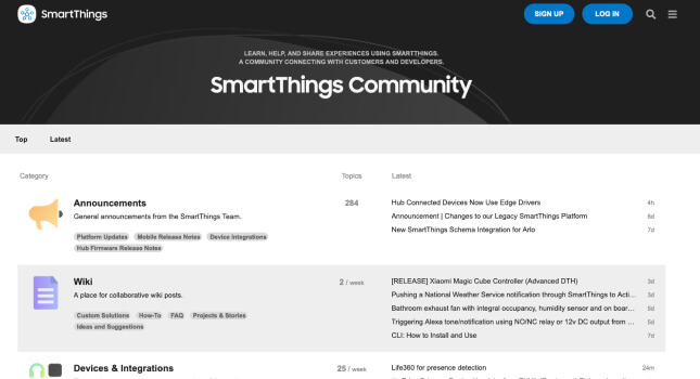 Samsung SmartThings Discourse forum homepage