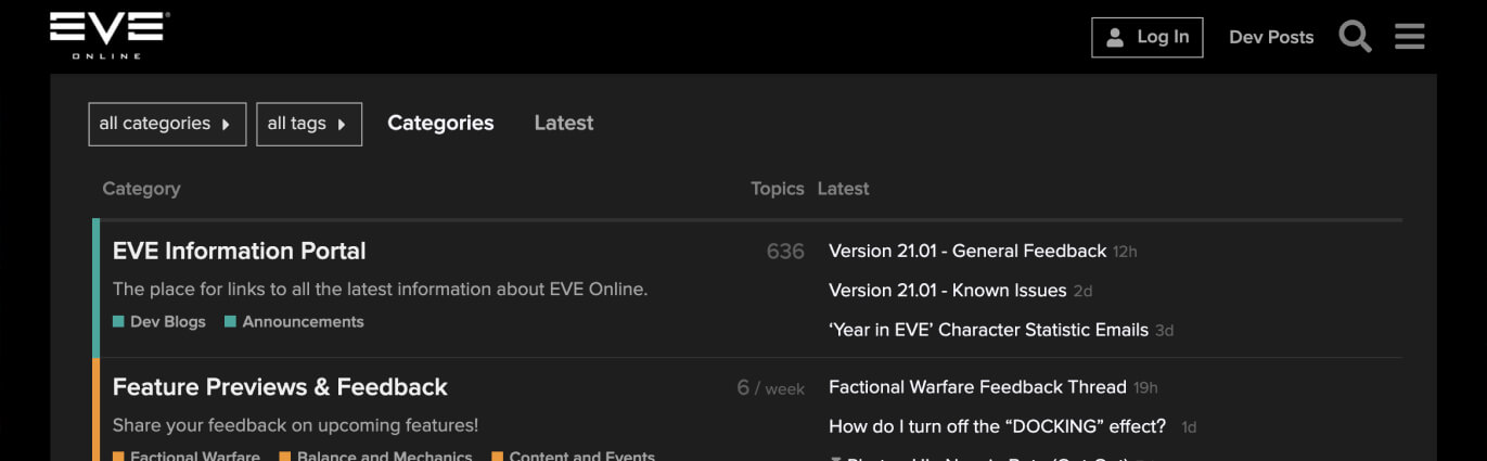 EVE Online forum homepage