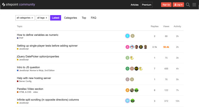 SitePoint Discourse forum homepage