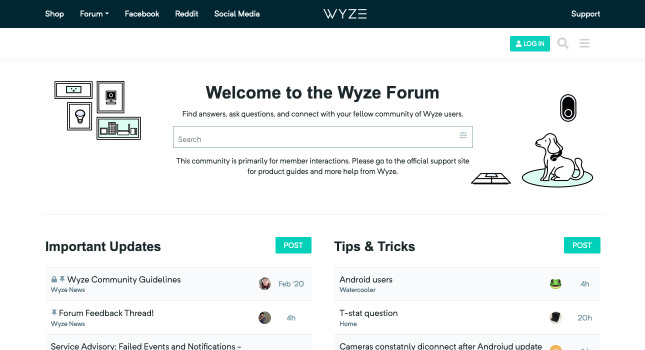 Wyze Discourse forum homepage