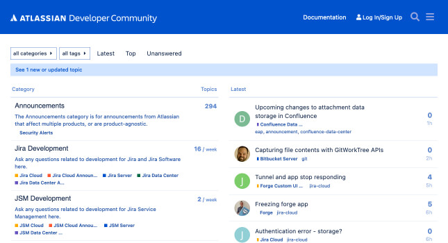 Atlassian Discourse forum homepage