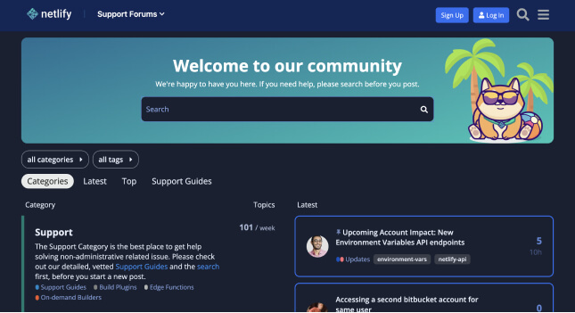 Netlify Discourse forum homepage