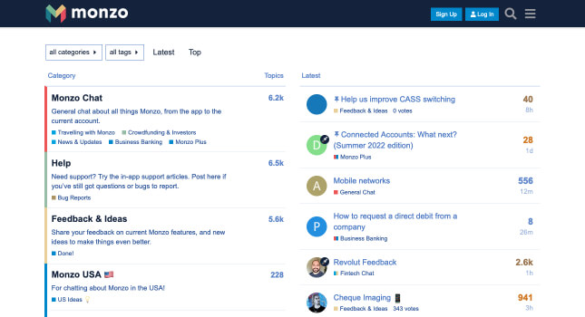 Monzo Discourse forum homepage