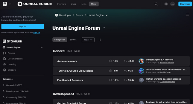 Unreal Engine Discourse forum homepage