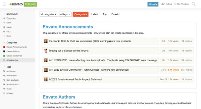 Envato Discourse forum homepage