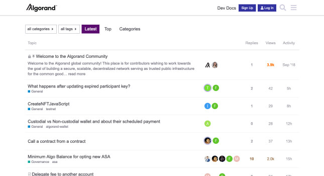 Algorand Discourse forum homepage