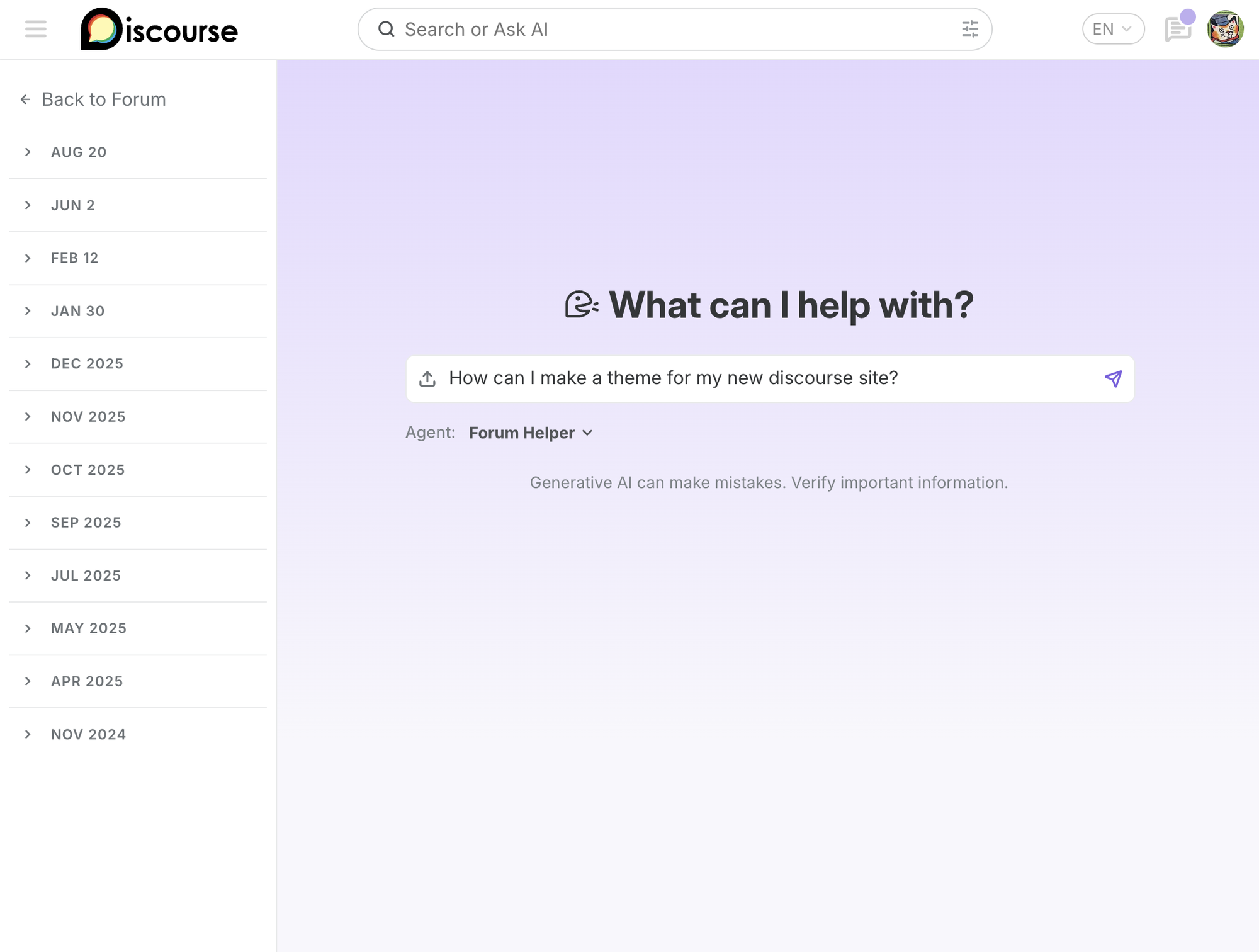 Discourse's Ask AI screen with the question 'How can I make a theme for my new discourse site?' and a sidebar of past conversations