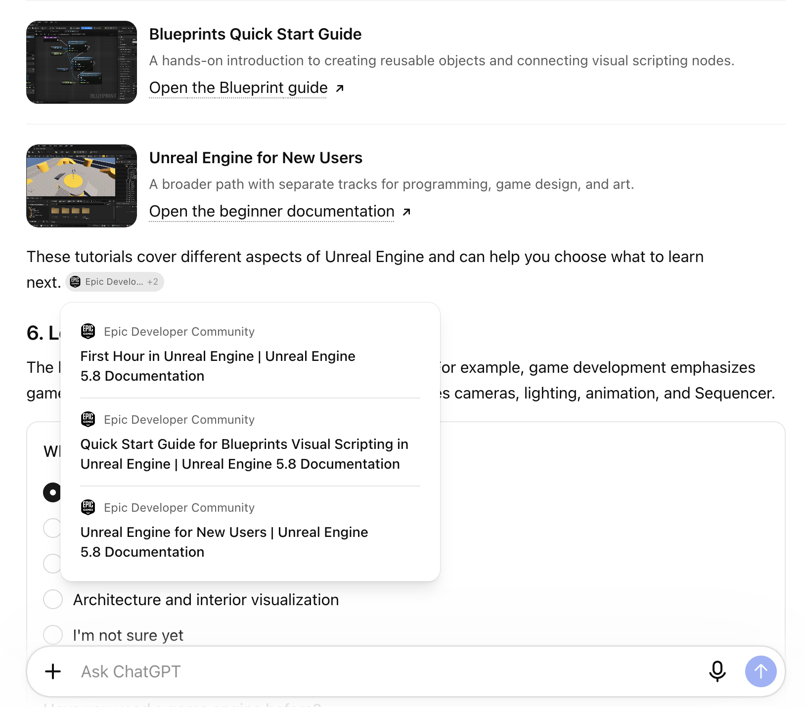 A ChatGPT answer about Unreal Engine tutorials, with a sources popover citing three Epic Developer Community topics