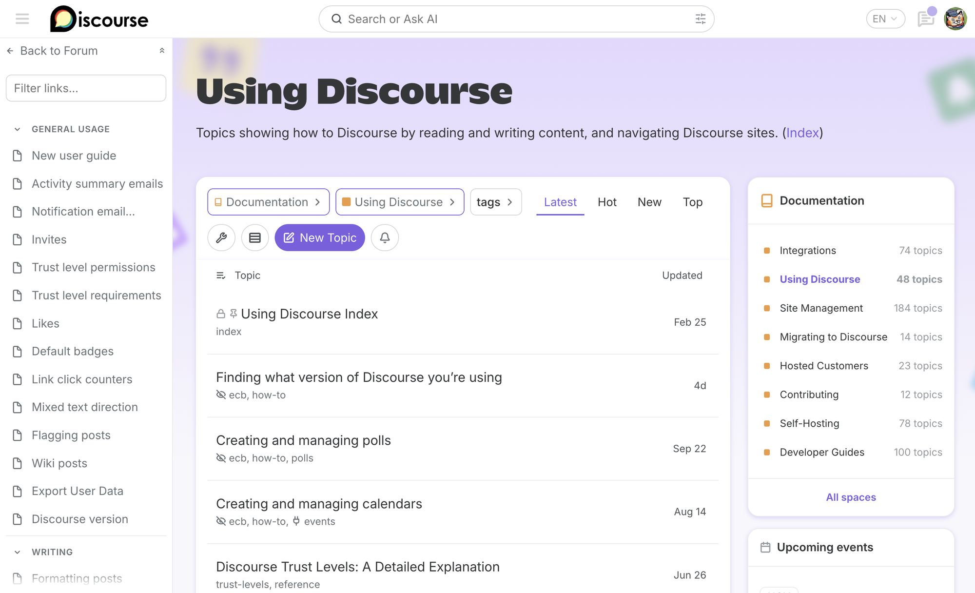 Discourse Docs showing the Using Discourse category, with a sidebar of guides, a topic list, and a documentation index card
